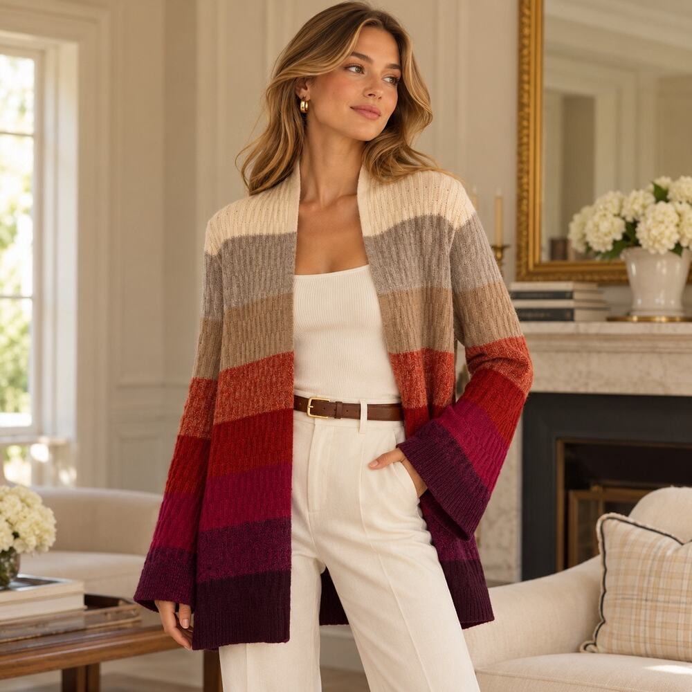 NWT Neiman Marcus Cashmere Bell Sleeve multi-striped pointelle cardigan SM Luxe